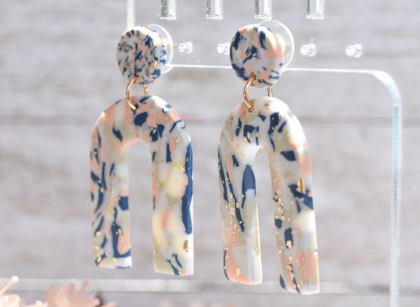 Boho Fashion Statement Handmade Polymer Clay "Brianne" Gold Flakes Dangle Earrings Gifts Women