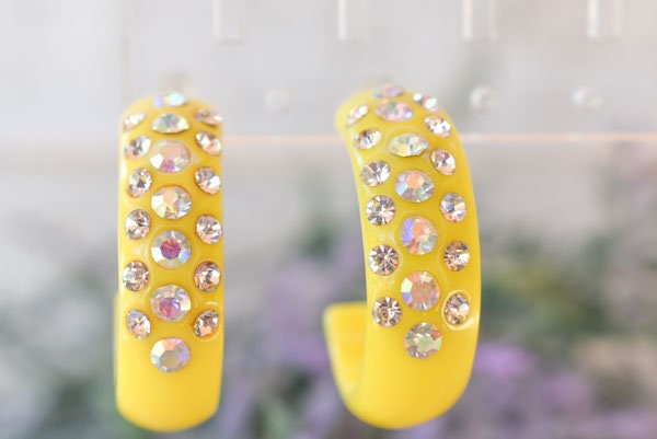 Yellow 3 Row Bling Statement Acrylic Lucite AB/Clear Rhinestones 1" Women's Hoop Earrings Pageant Weddings Night Out Diva Pageant