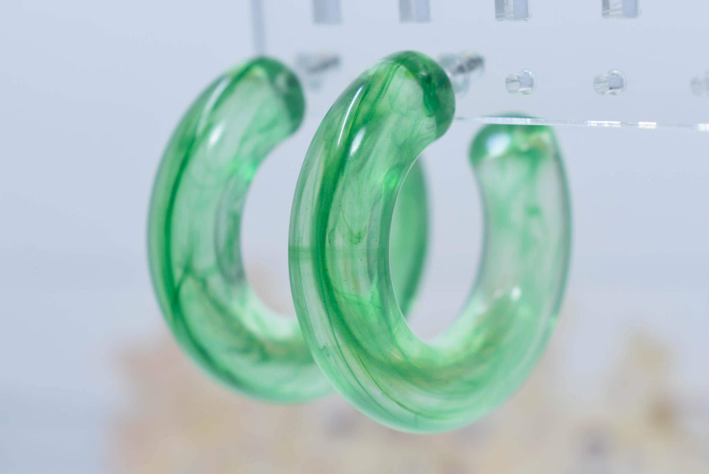Translucent Green Marbled Color Boho Retro Lightweight Lucite 1.5" Semi Chunky Hoop Earrings