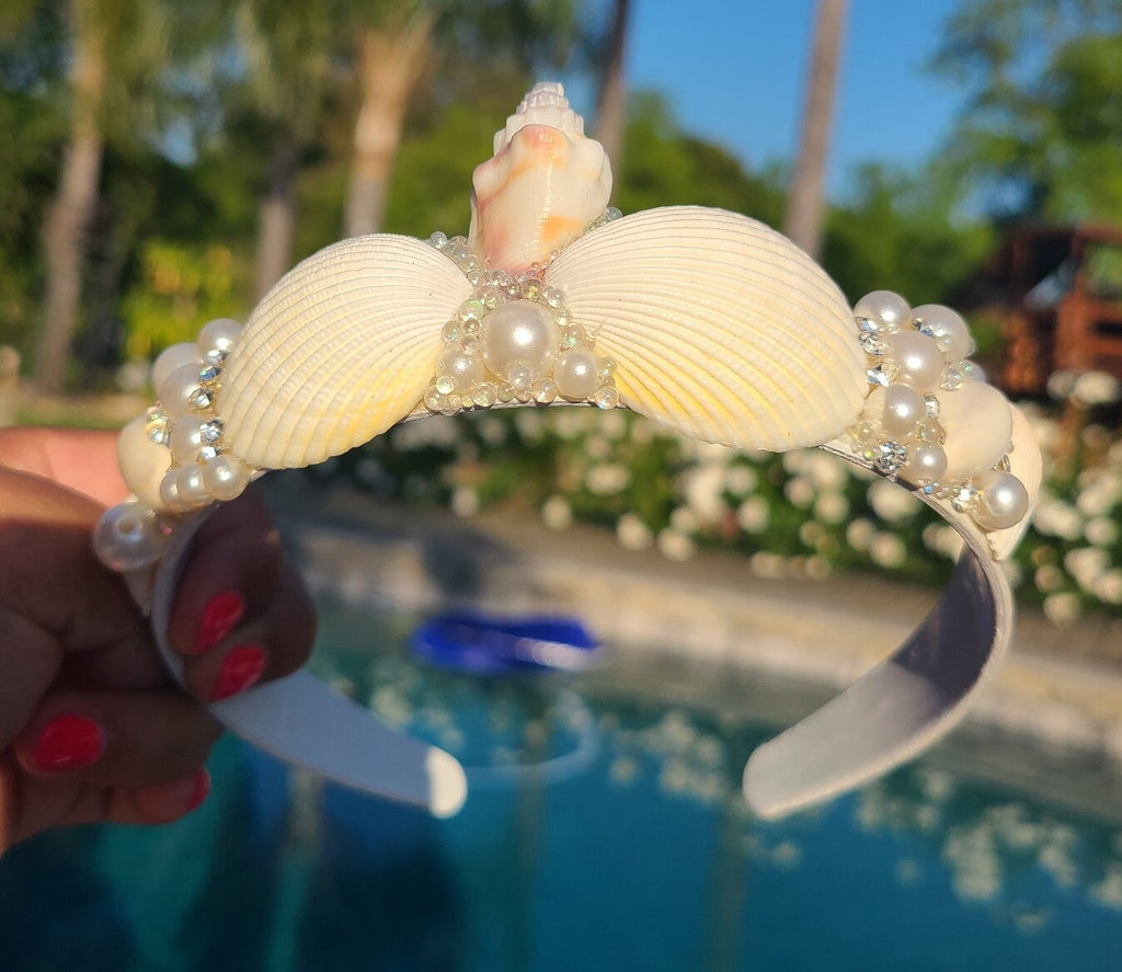 Handmade Seashell Bridal Headband: Pearl & Rhinestone Boho Wedding