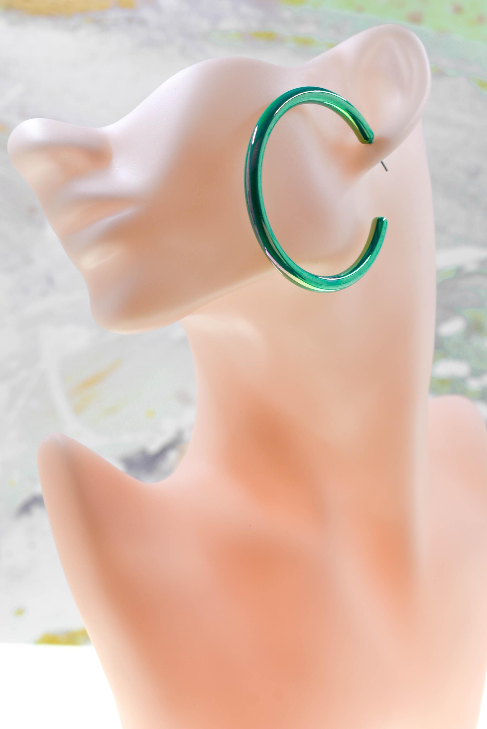 80s Iridescent Hoop Earrings: Mint Teal Groovy Statement Accessory