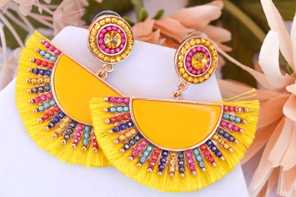 Statement Boho Yellow Fan Shape Beaded Tassel Dangle Earrings Women Gifts Vacation