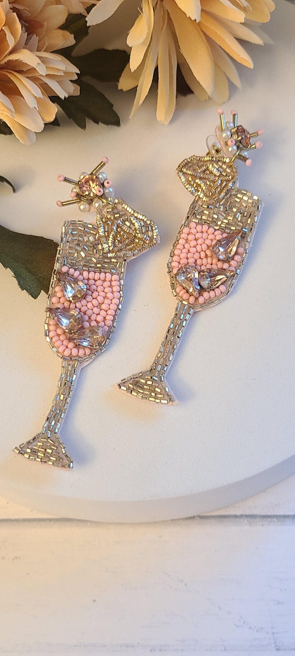 Bachelorette Bridal Shower Statement Pink Seed Bead Rhinestone Accent Champagne Flute Glass Dangle Drop Earrings Women Weddings Bride
