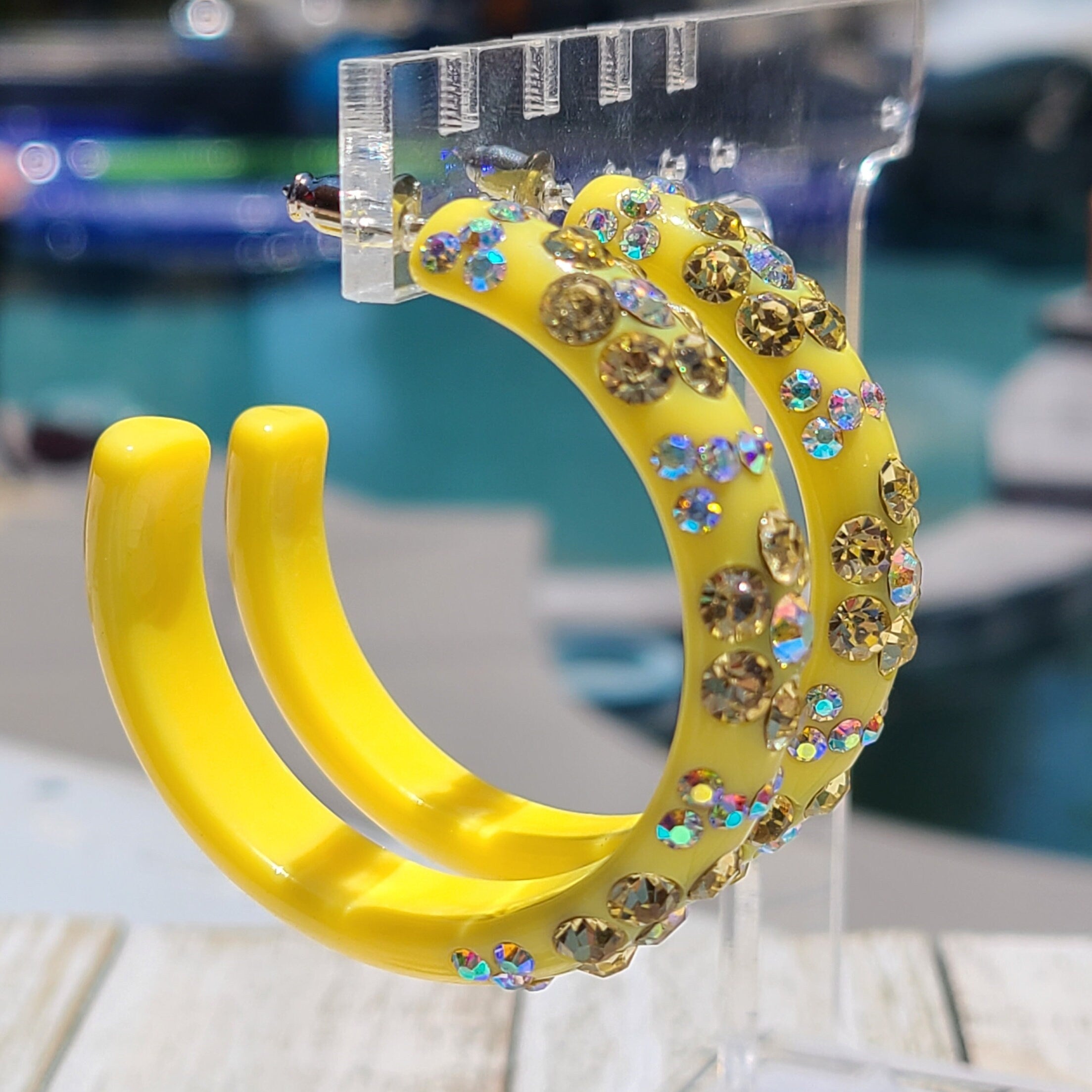 Yellow Floral Flower Pattern Statement Acrylic Lucite Clear/Yellow Rhinestones 2" Women's Hoop Earrings Pageant Weddings Night Out