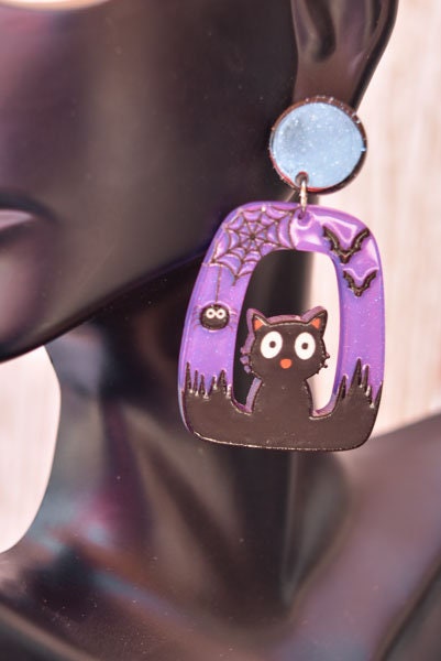 Abstract Shape Halloween Cute Cat Glitter Acrylic Purple Holiday Women Girls Dangle Earrings Emo Goth Steampunk