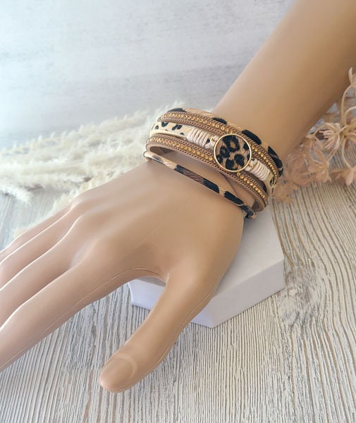 Faux Fur Cheetah Print & Rhinestone Cuff Bangle Magnetic Bracelet Statement Bling Fashion Pageant Night Out Wedding