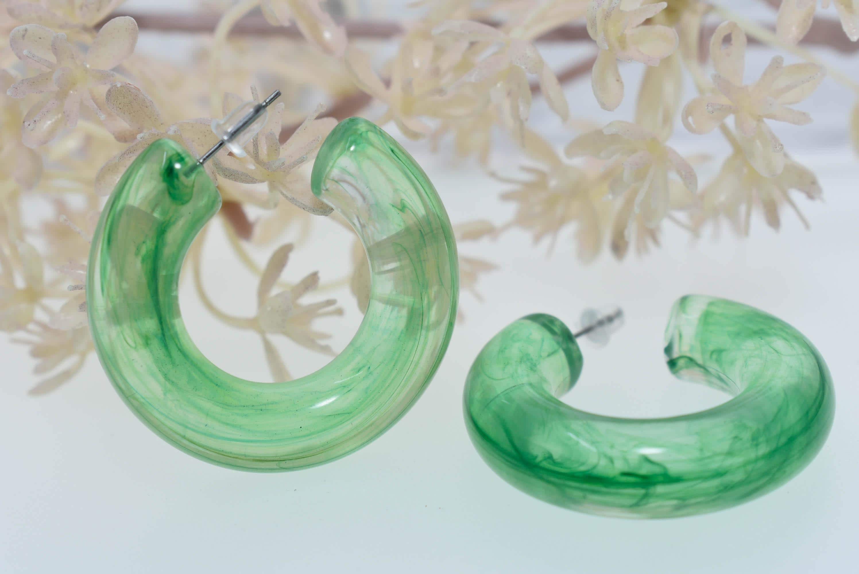 Translucent Green Marbled Color Boho Retro Lightweight Lucite 1.5" Semi Chunky Hoop Earrings