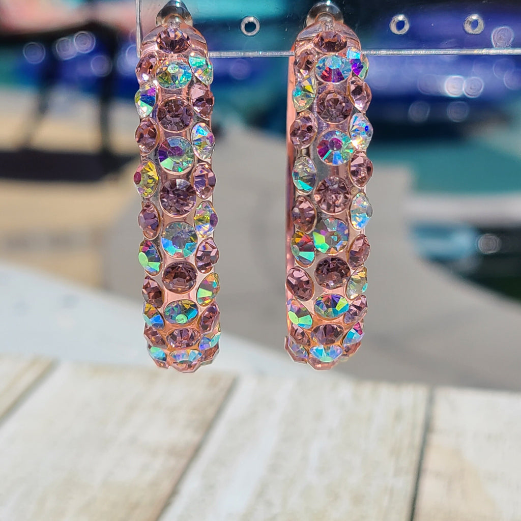 Translucent Pink Bling Statement Acrylic Lucite Clear Pink/AB Rhinestones 2" Women's Hoop Earrings Pageant Weddings Night Out