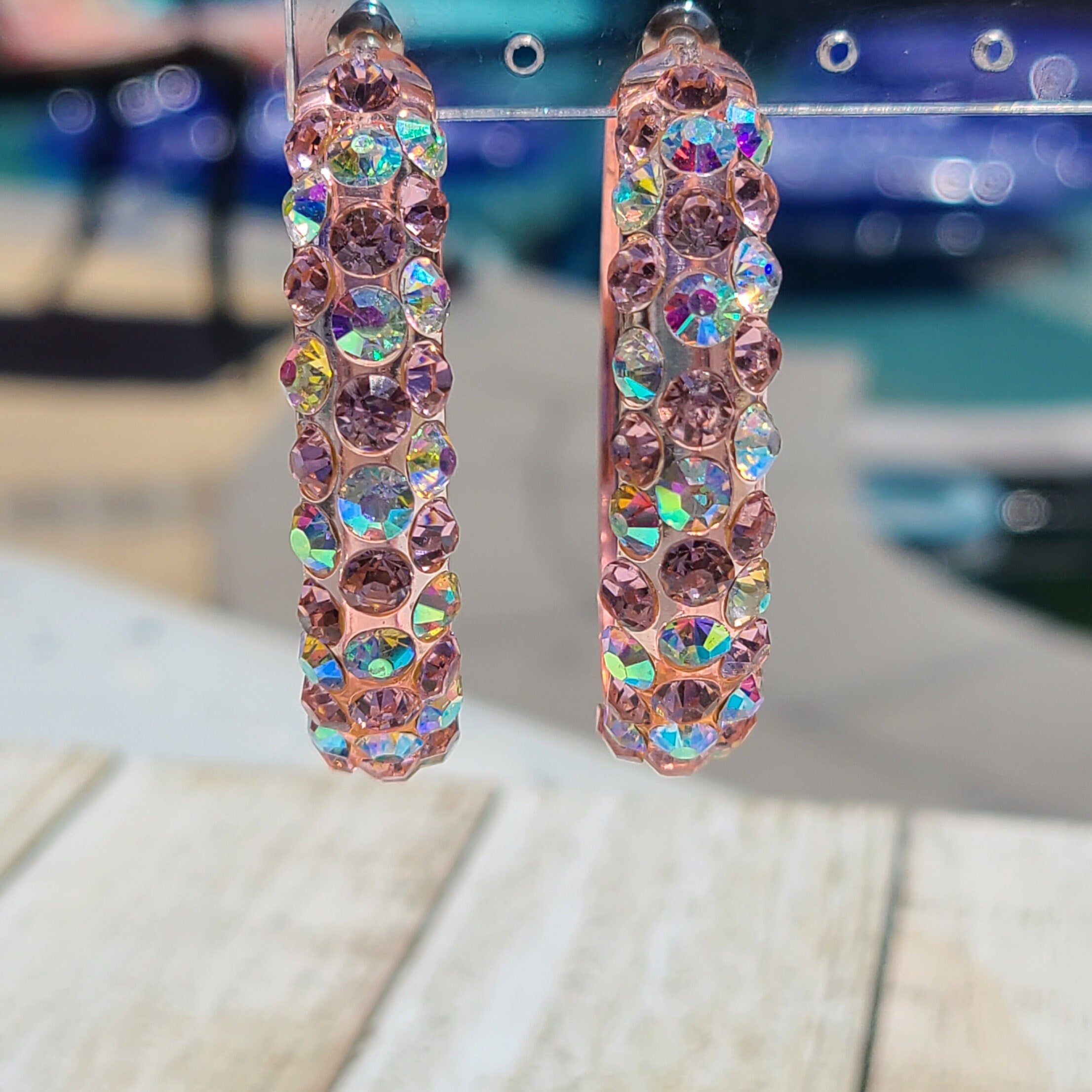 Translucent Pink Bling Statement Acrylic Lucite Clear Pink/AB Rhinestones 2" Women's Hoop Earrings Pageant Weddings Night Out