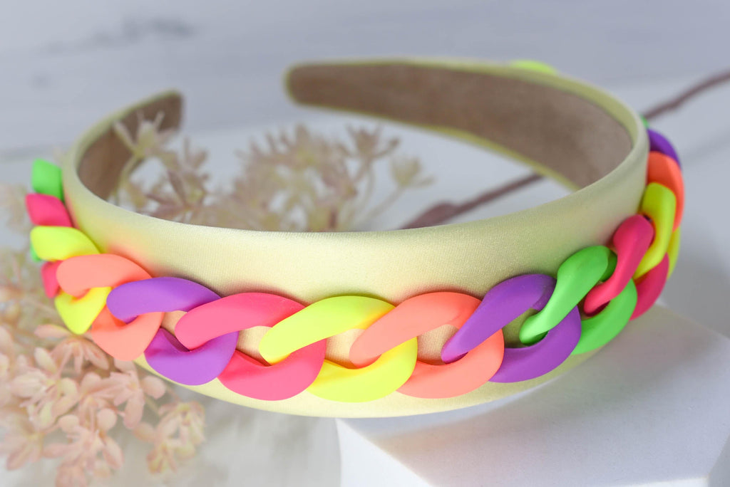Colorful Retro 80's Vibe Satin Wide Headband with Neon Matte Chunky Chain Link Accent Costume Boho Hair Accessory Women Girls
