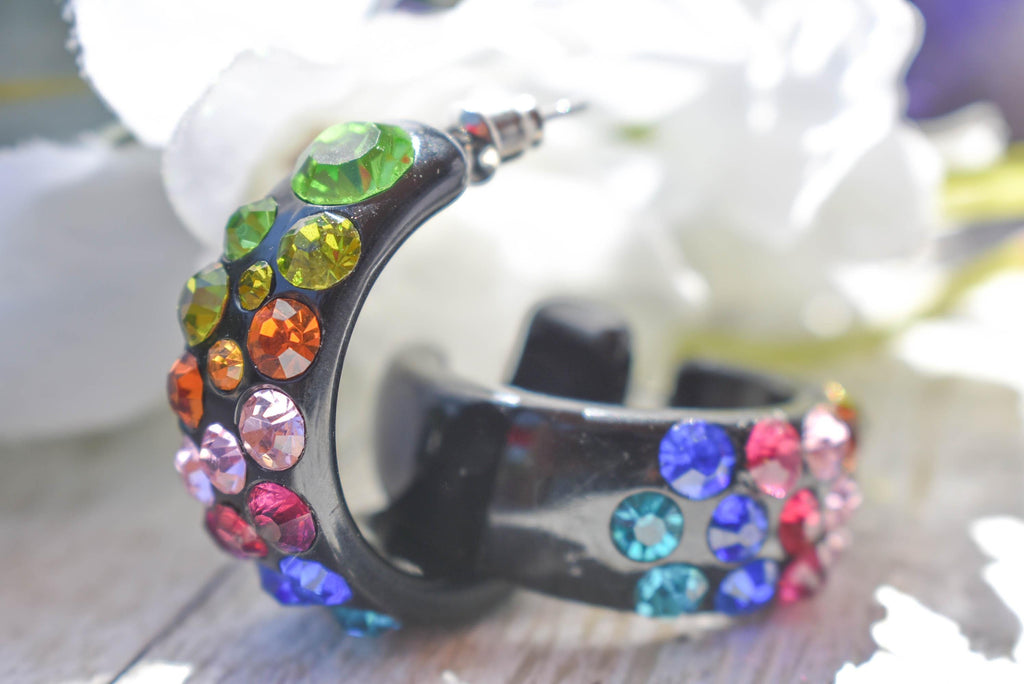 Black Bling Statement Semi Wide Multicolor Diagonal Rhinestones 1" Women's Hoop Earrings Pageant Weddings Night Out Diva Pageant