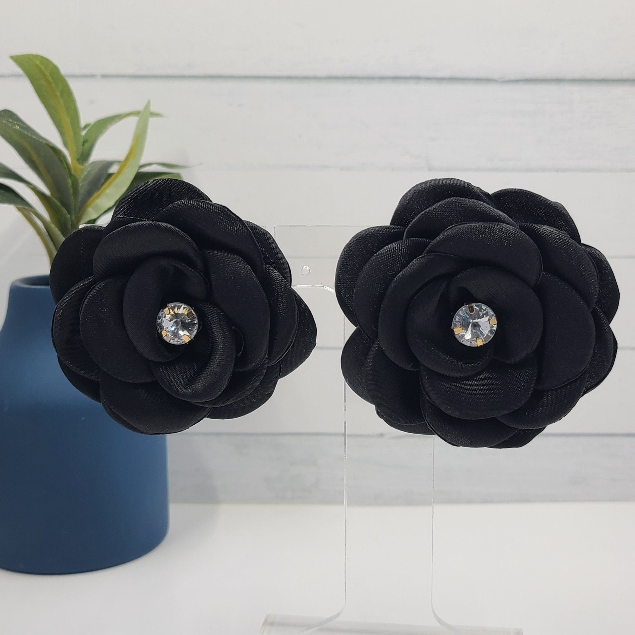 Boho Extra Large Satin Goth Emo Black Fabric Black Flower with Rhinestone Accent Stud Earrings Gift for Women