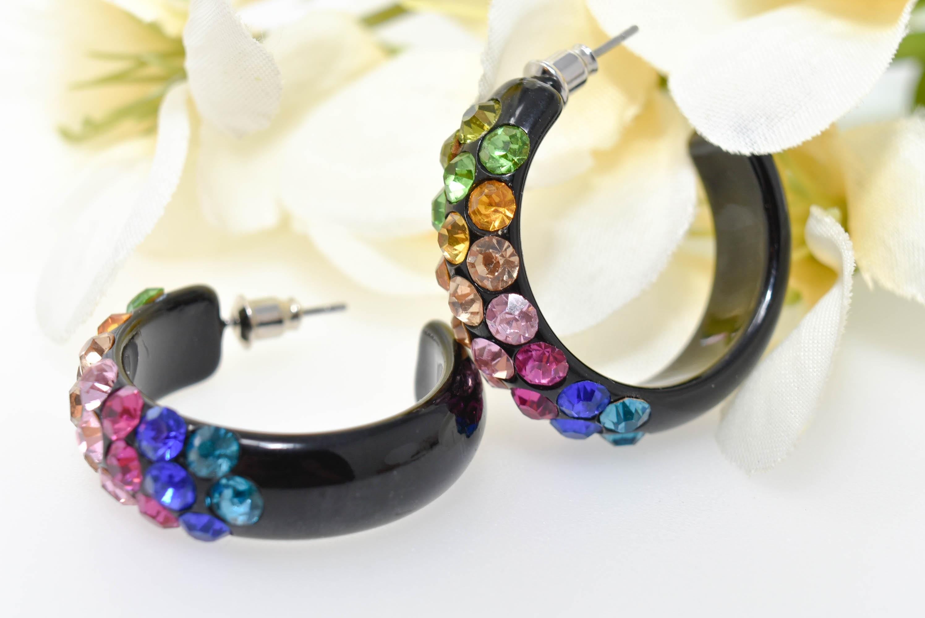 Black Diagonal Pattern Bling Lucite Vivid Multicolor Rhinestones 1.25" Hoop Earrings Pageant Weddings Night Out