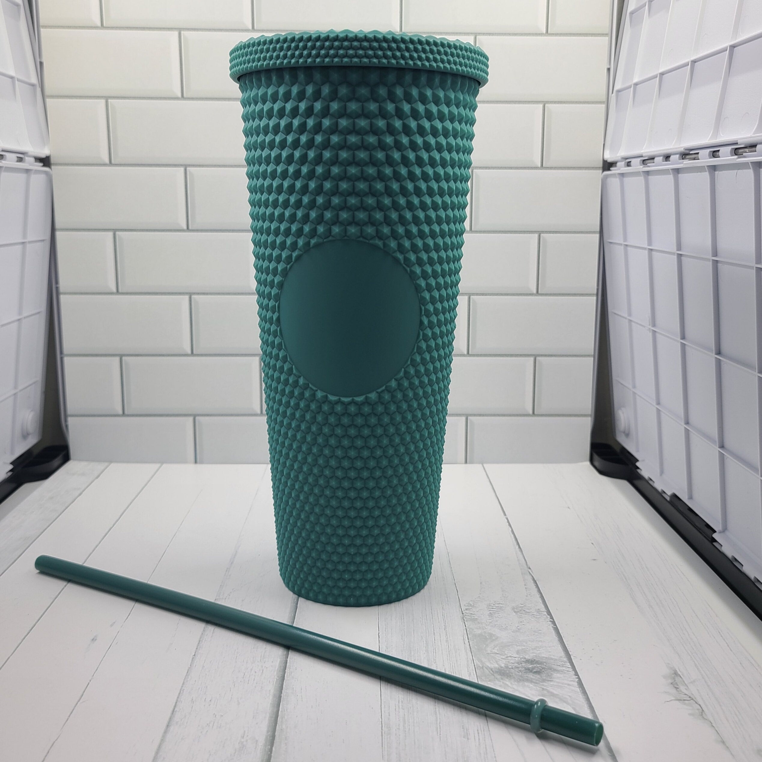 24oz Green Matte Studded Soft Texture To Go Travel Tumbler Cup Blank Center Circle with Lid and Matching Straw
