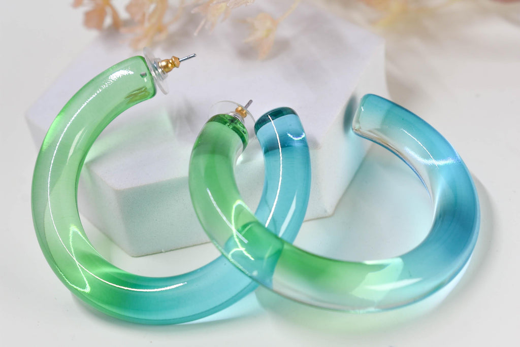 Statement Gradient Light Green to Light Blue Chunky Lucite Translucent Ombre Boho Hoop Earrings