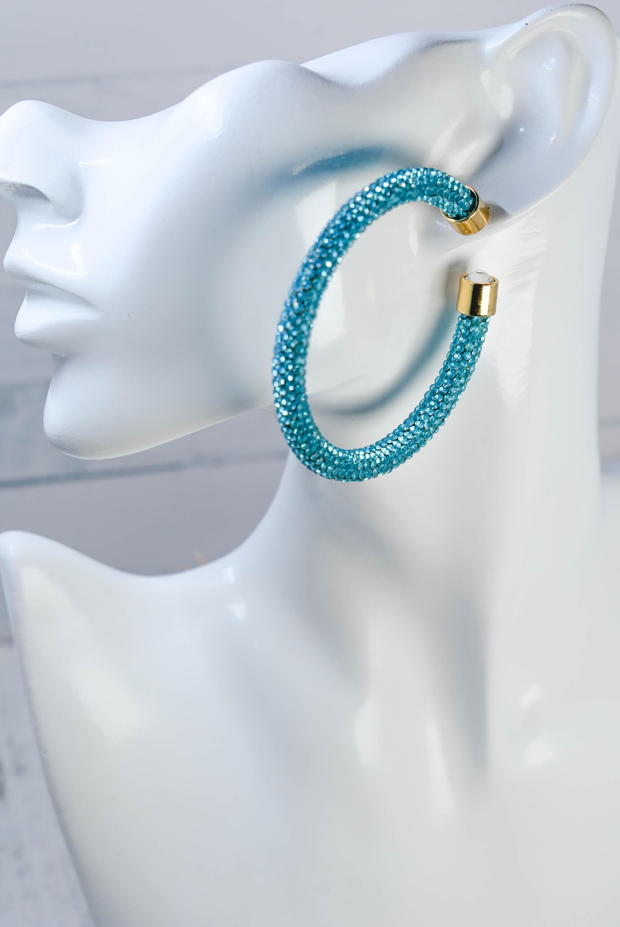 2.5" Ladies Bohemian Blue  Rhinestone Sparkle Wrap Pave Open Hoop Earrings Stone Accent Women Party Night Out