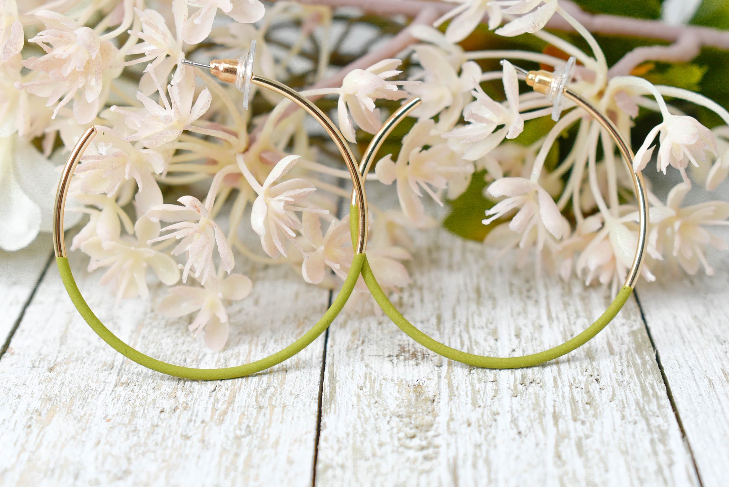 Bohemian Lightweight 1.75" Gold Tone Hoop Earrings Featuring Part Olive Green Matte Coating Midway Summer Fashion Classic Earrings