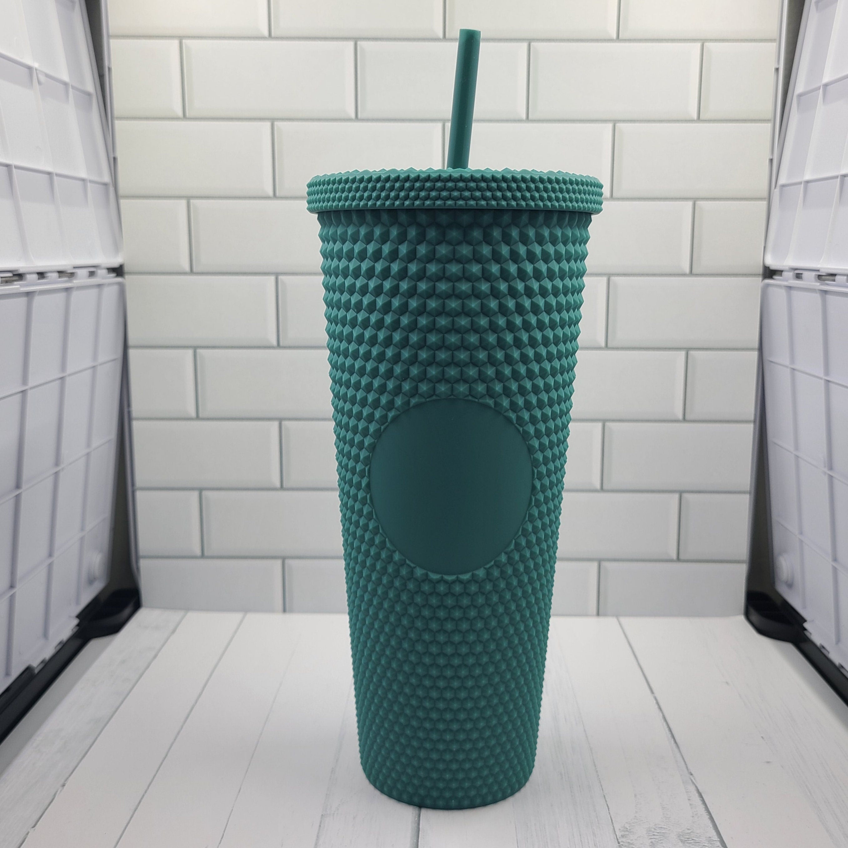 24oz Green Matte Studded Soft Texture To Go Travel Tumbler Cup Blank Center Circle with Lid and Matching Straw