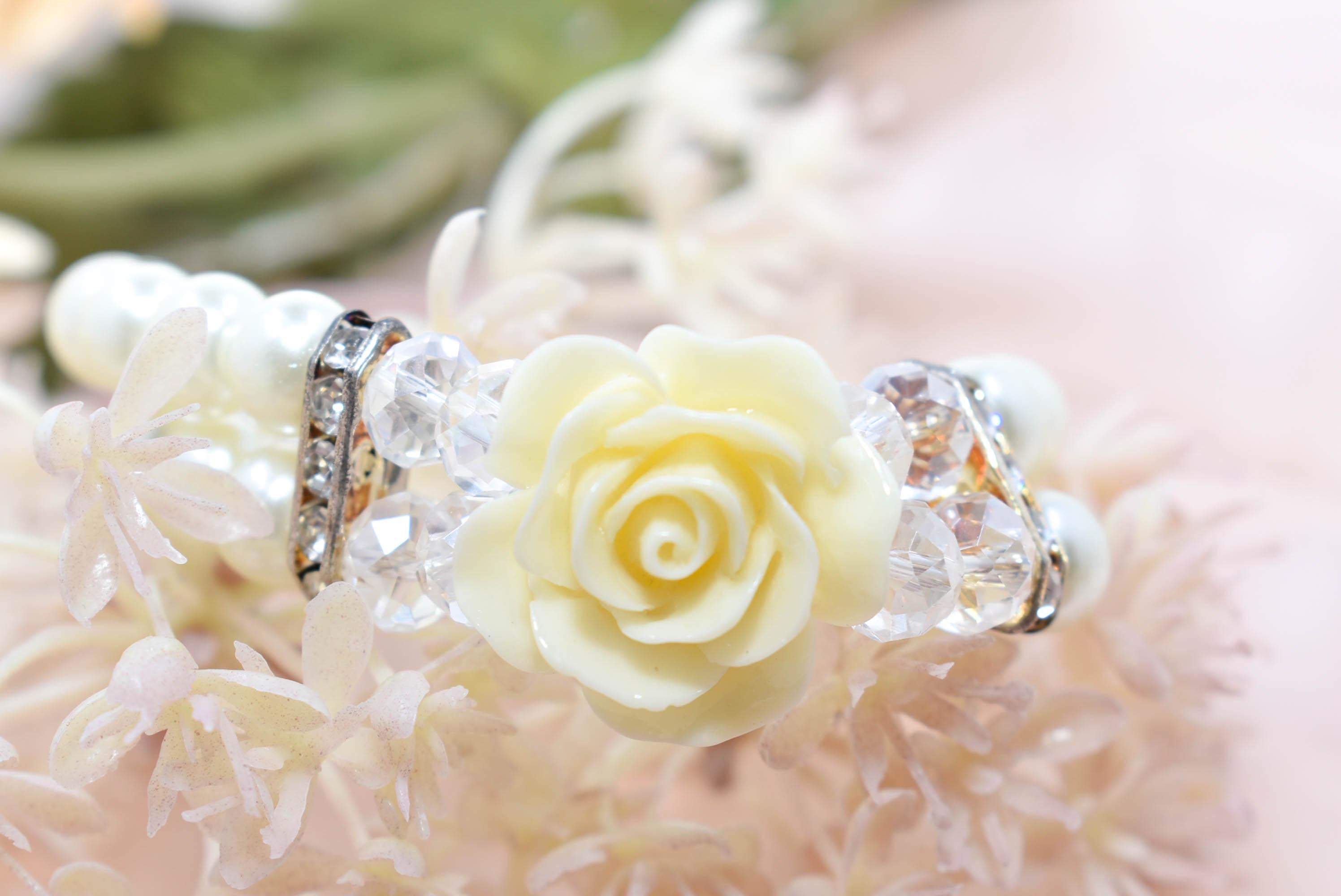 Elegant Double Strand Faux Pearl Crystal Bead Ivory Rose Charm Stretch Bracelet