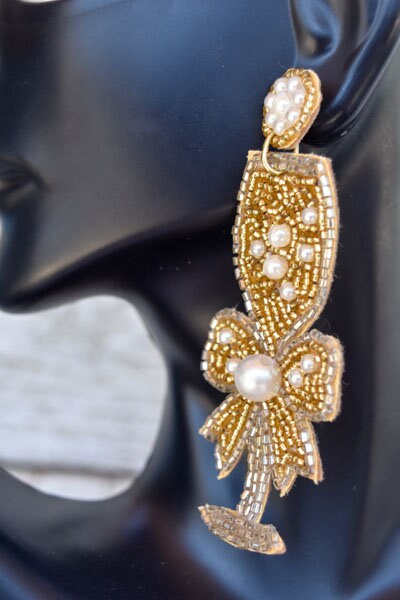Bachelorette Bridal Shower Statement Gold Color Seed Bead Bow Accent Champagne Flute Glass Dangle Drop Earrings Women Weddings Bride