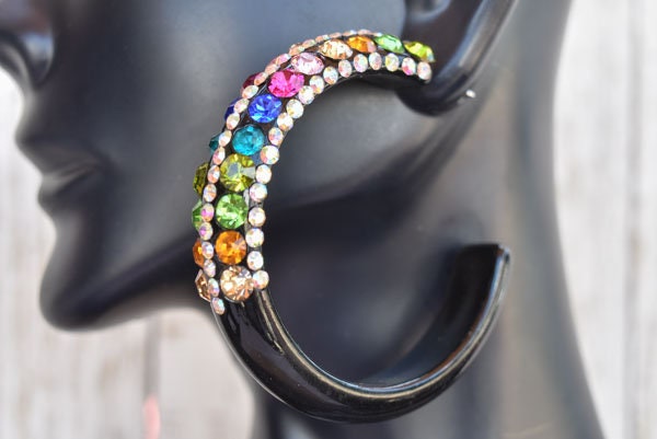 Black 5 Row Bling Statement Acrylic Lucite Multicolor Rhinestones 2" Women's Hoop Earrings Pageant Weddings Night Out Diva Pageant