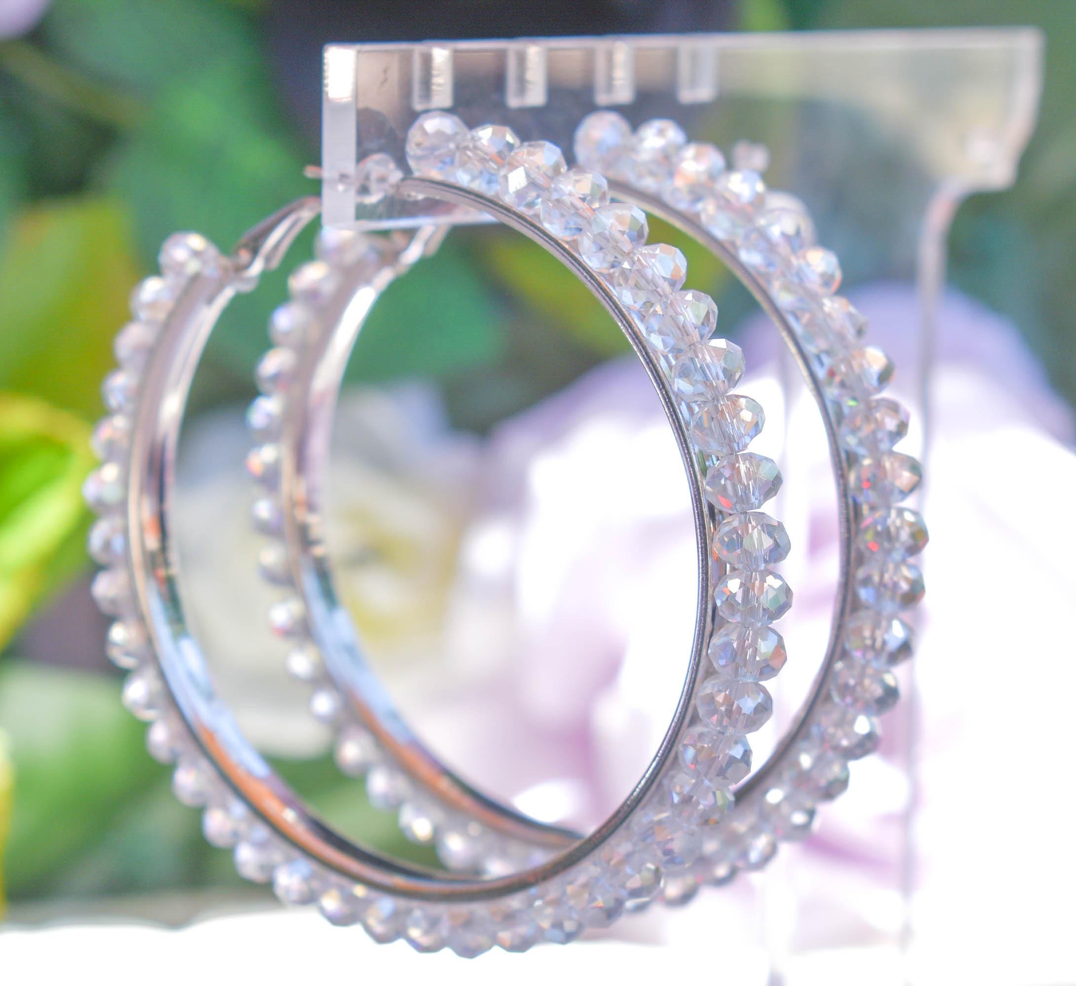Statement Boho Clear Crystal Glass Beads 2.75" Silver Tone Hoop Earrings Stylish Jewelry Women's Fashion Diva Accessories Pageants