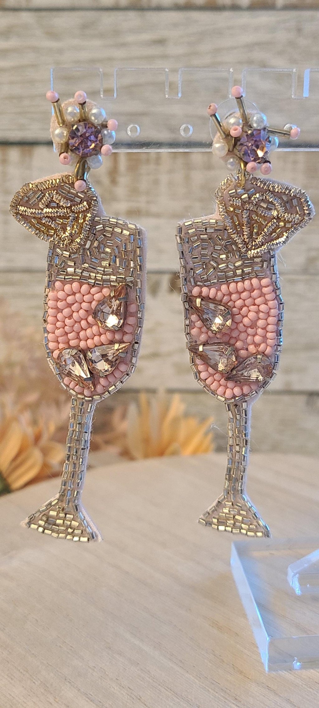 Bachelorette Bridal Shower Statement Pink Seed Bead Rhinestone Accent Champagne Flute Glass Dangle Drop Earrings Women Weddings Bride