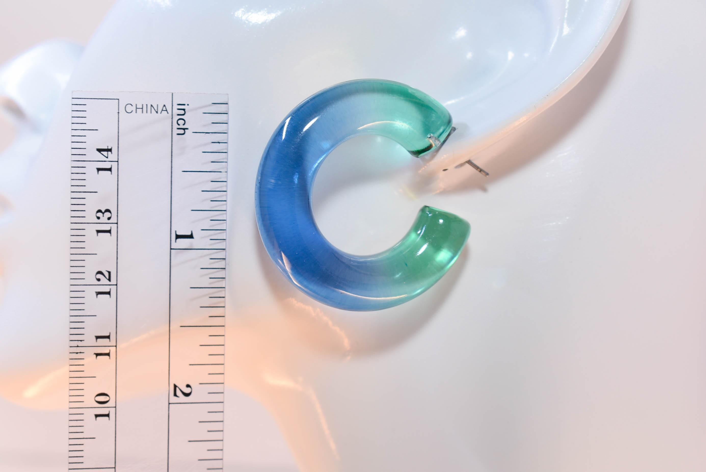 Translucent Gradient Teal Blue Retro Boho Semi Chunky Lucite Ombre Jelly 1.5" Hoop Earrings