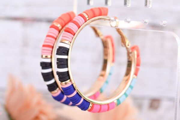 Boho Chic Statement Multicolor Polymer Dark Discs Gold Tone Lever Back Hoop Earrings Women Gifts