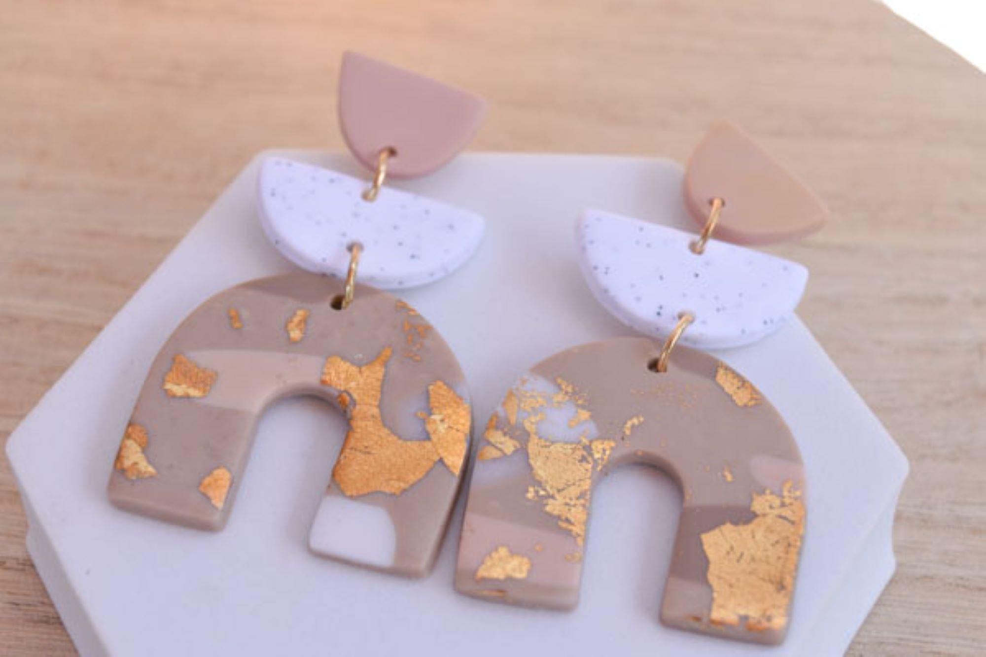 Boho Fashion Statement Handmade Polymer Clay "Bonnie Coffee" Dangle Drop Earrings Gifts Women Gold Flakes