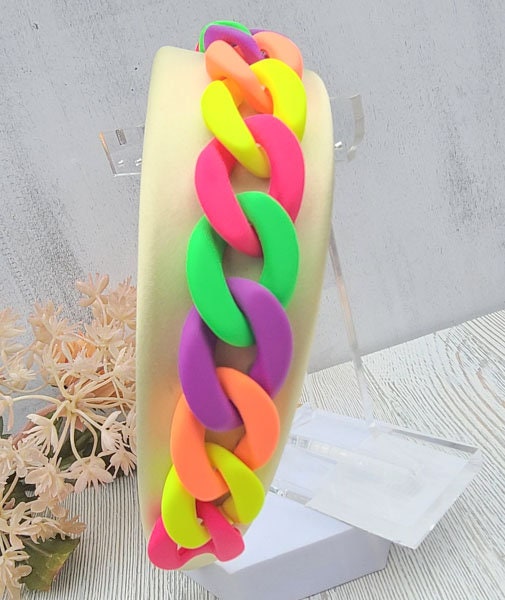 Colorful Retro 80's Vibe Satin Wide Headband with Neon Matte Chunky Chain Link Accent Costume Boho Hair Accessory Women Girls