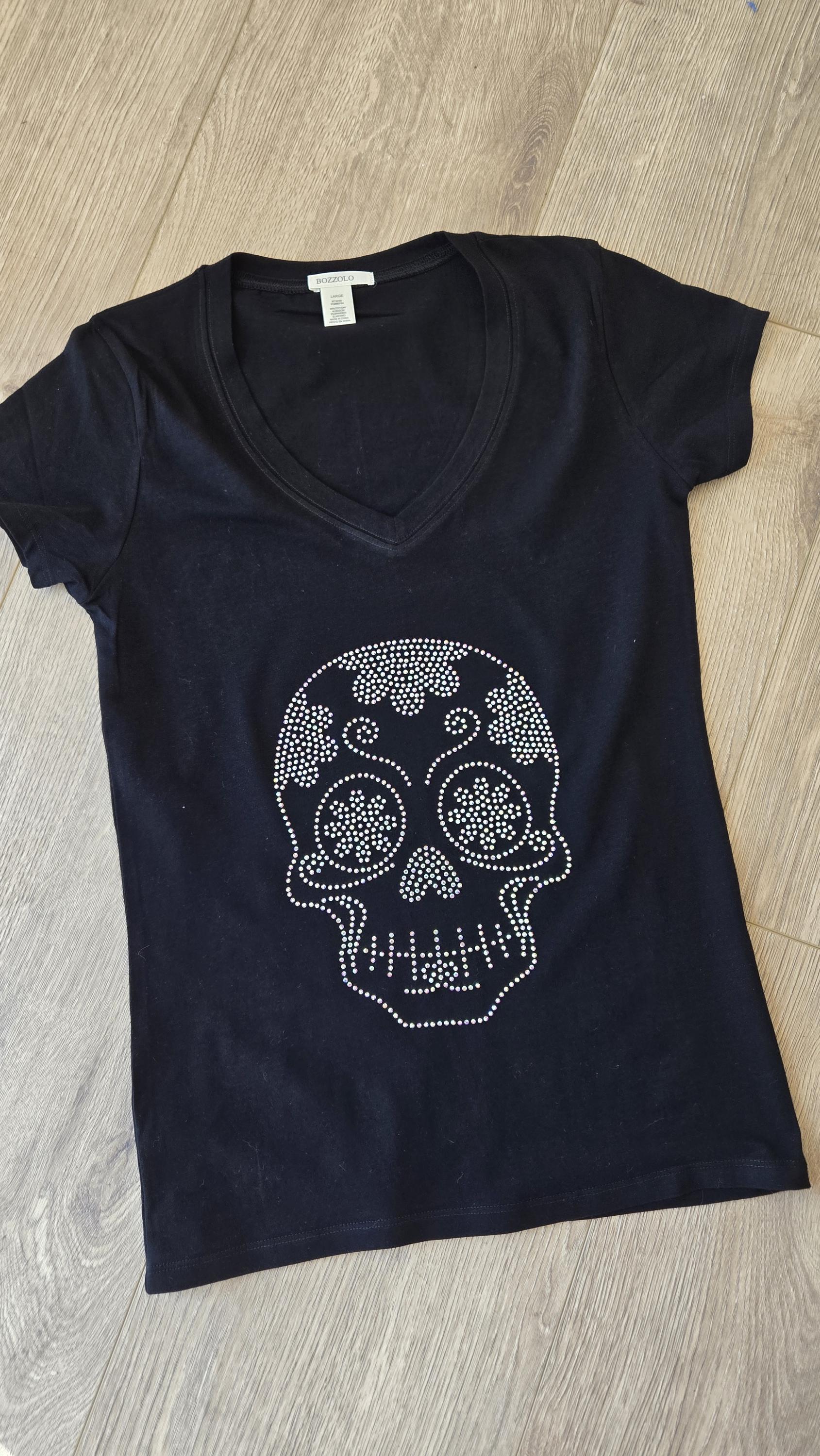 Iridescent Bling Sugar Skull Rhinestone Embellished V Neck T Shirt Dia De Los Muertos
