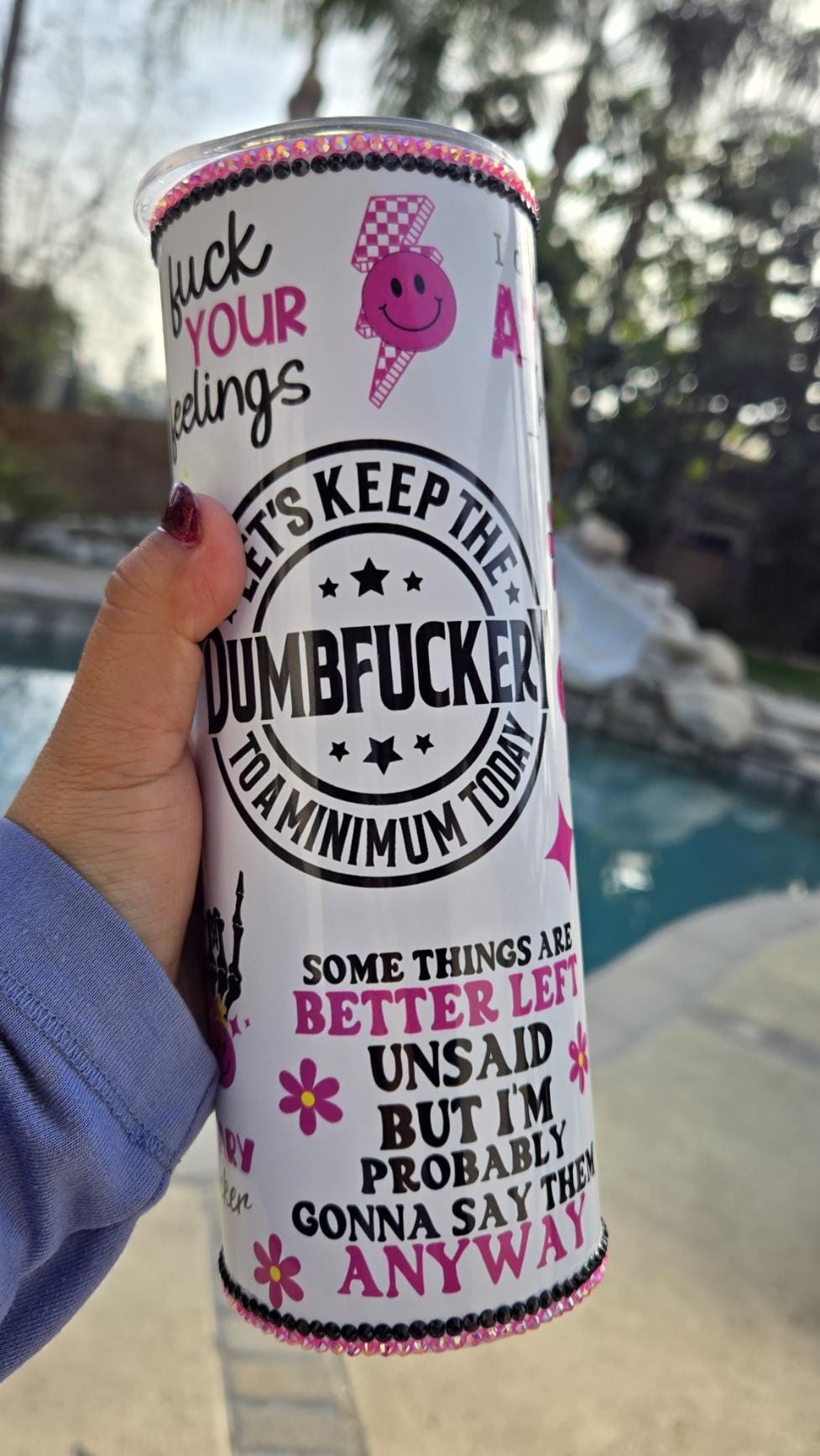 Rhinestone Embellish 20oz Let's Keep the Dumbfuckery to a Minimum Today Travel Tumbler Cup with Lid and Metal Straw Sarcastic Tumbler Gifts