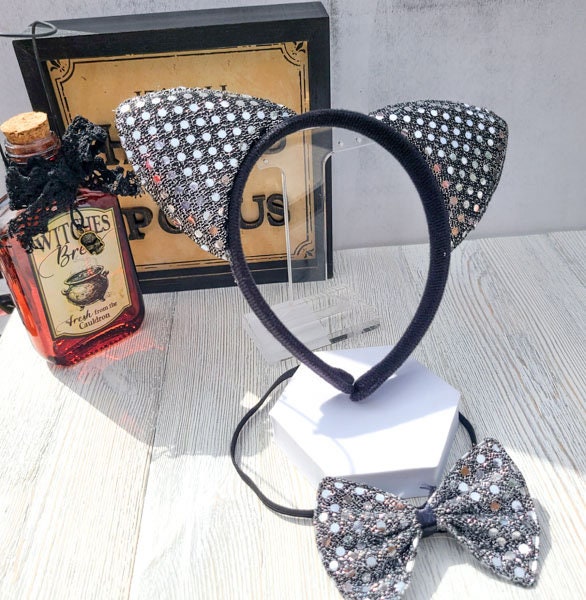 Halloween Costume Cosplay Sequin Style Silver/Black Cat Ears Headband and Matching Bow Tie Kids Adults Dress Up