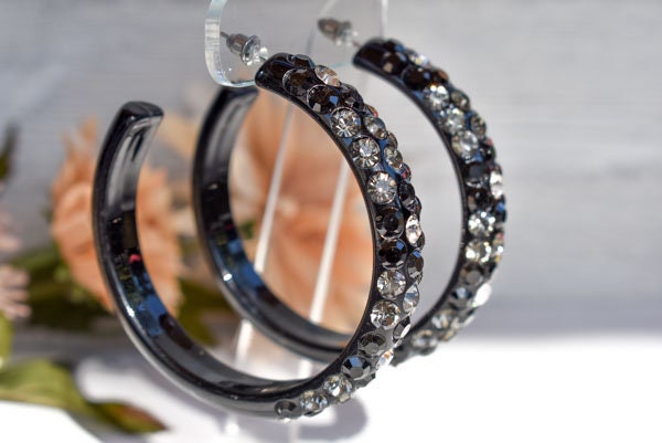 Black Diagonal Pattern Statement Acrylic Lucite Clear-Smoke-Black Rhinestones 2.5" Women's Hoop Earrings Pageant Weddings Night Out