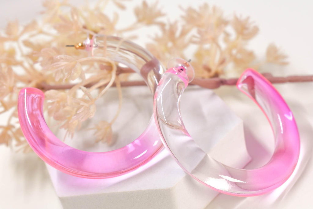 Translucent Gradient Clear Pink Retro Statement Chunky Lucite Ombre Hoop Earrings