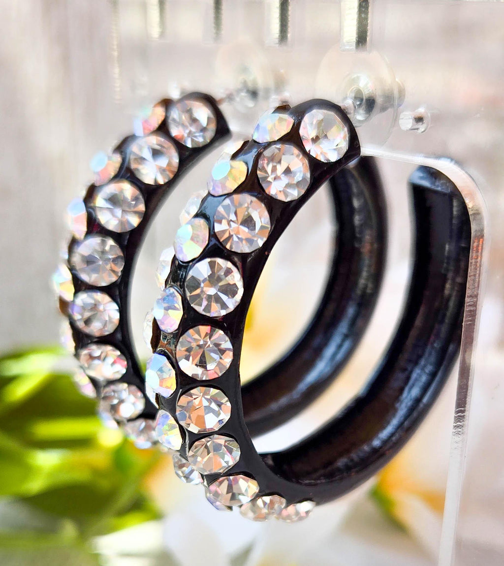 AB & Clear Large Rhinestones Bling Statement 1.75" Black Metal Hoop Earrings Night Out Boujee Evening Special Occasion Women's Jewelry