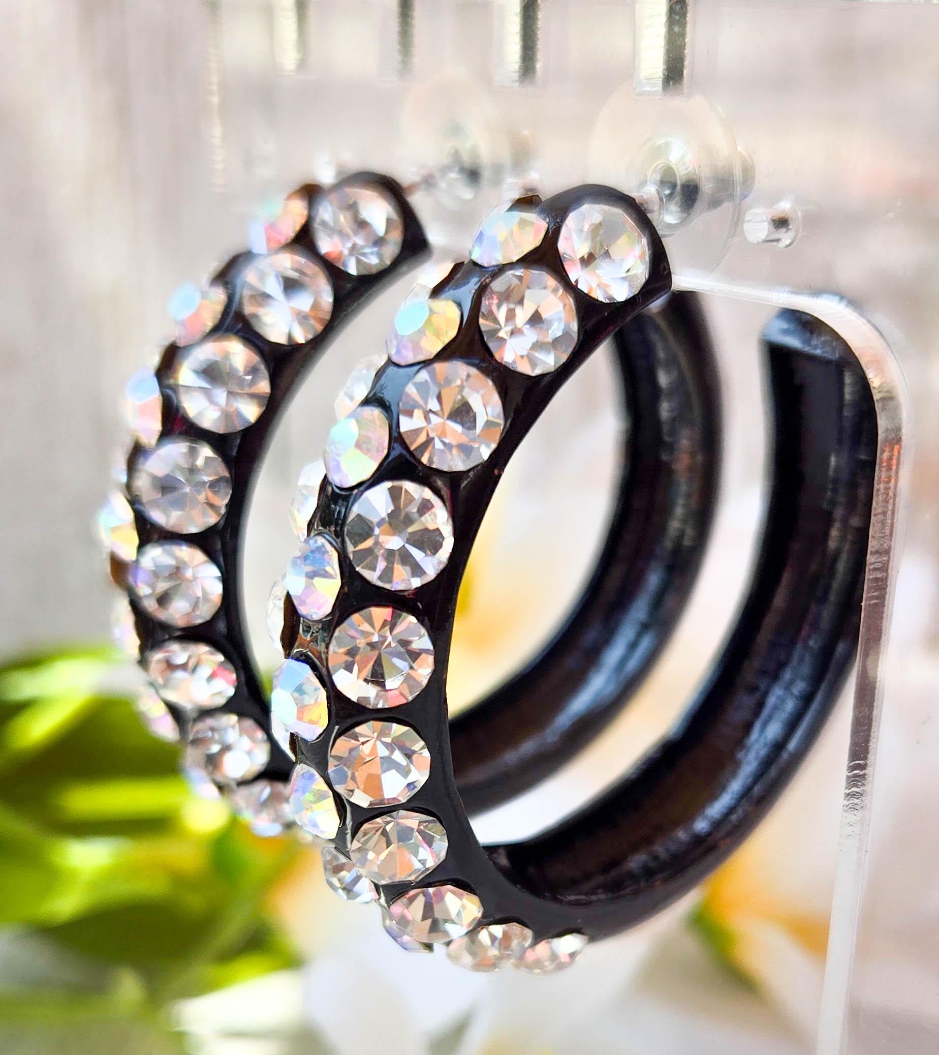 AB & Clear Large Rhinestones Bling Statement 1.75" Black Metal Hoop Earrings Night Out Boujee Evening Special Occasion Women's Jewelry