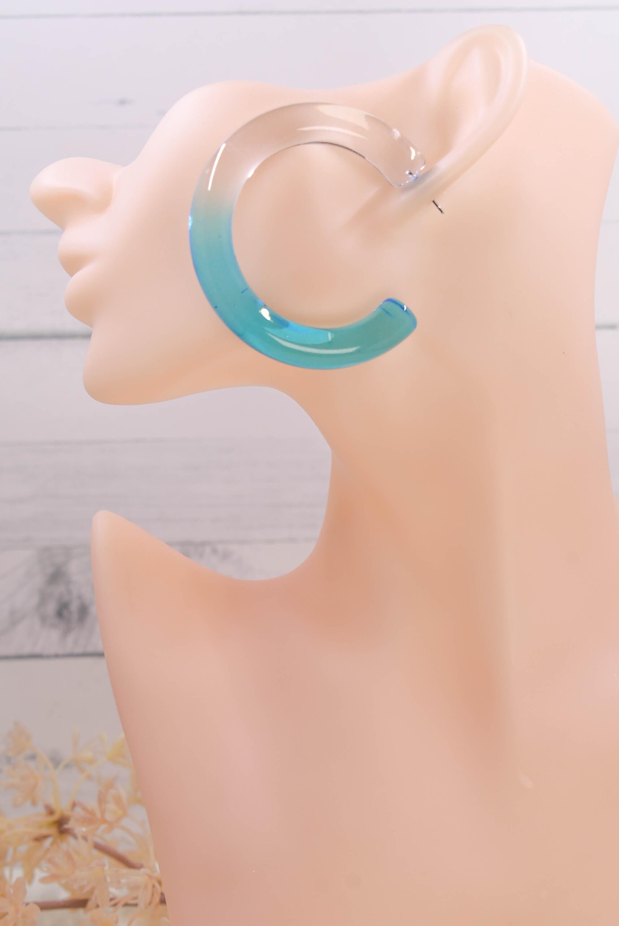 Translucent Gradient Clear & Light Blue Retro Boho Statement Chunky Lucite Ombre Hoop Earrings Fun Earrings Costume Accessories Womens Hoops
