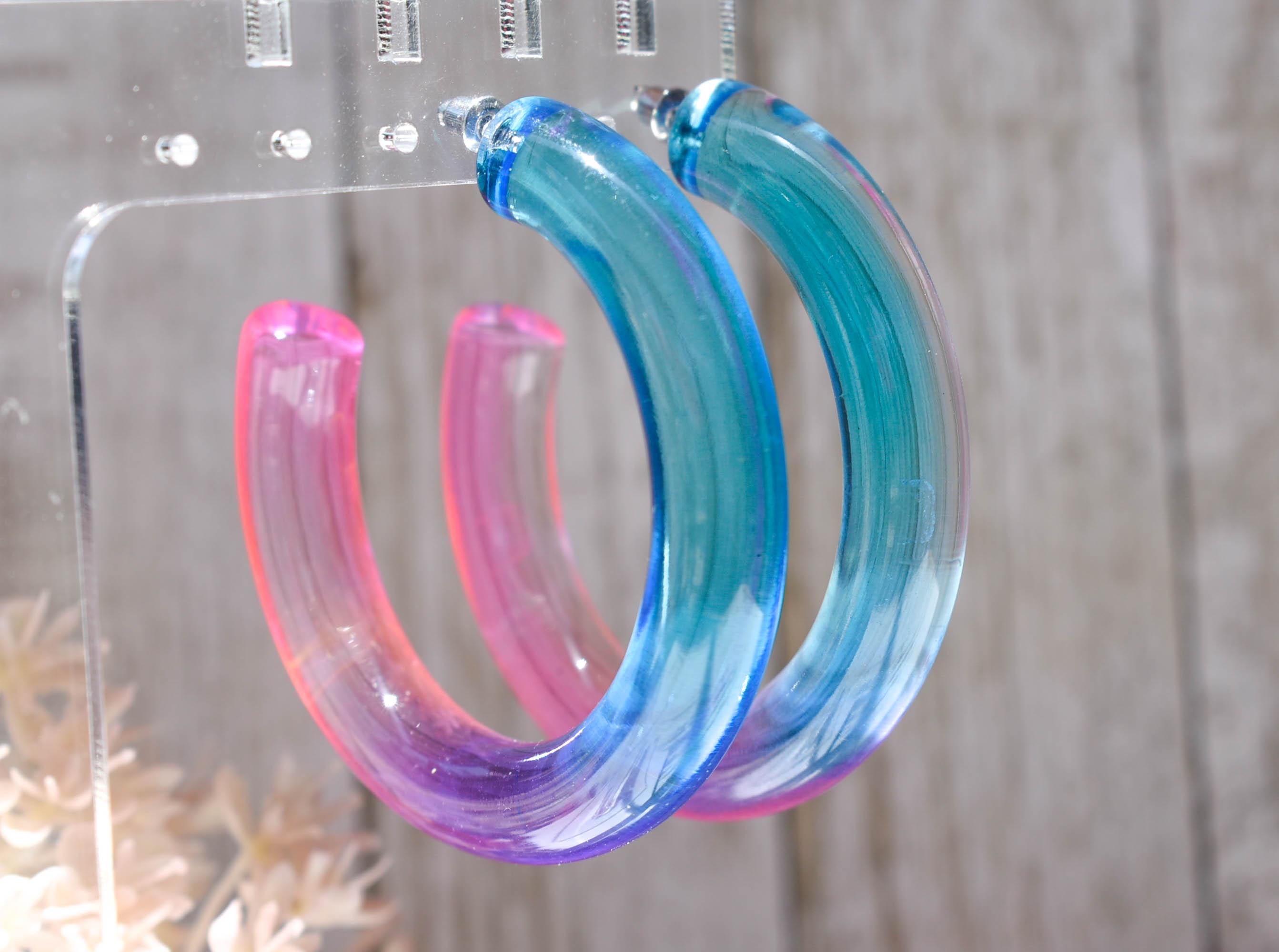 Translucent Gradient Blue Purple Pink Retro Boho Statement Chunky Lucite Ombre Hoop Earrings Fun Earrings Costume Accessories Womens Hoops