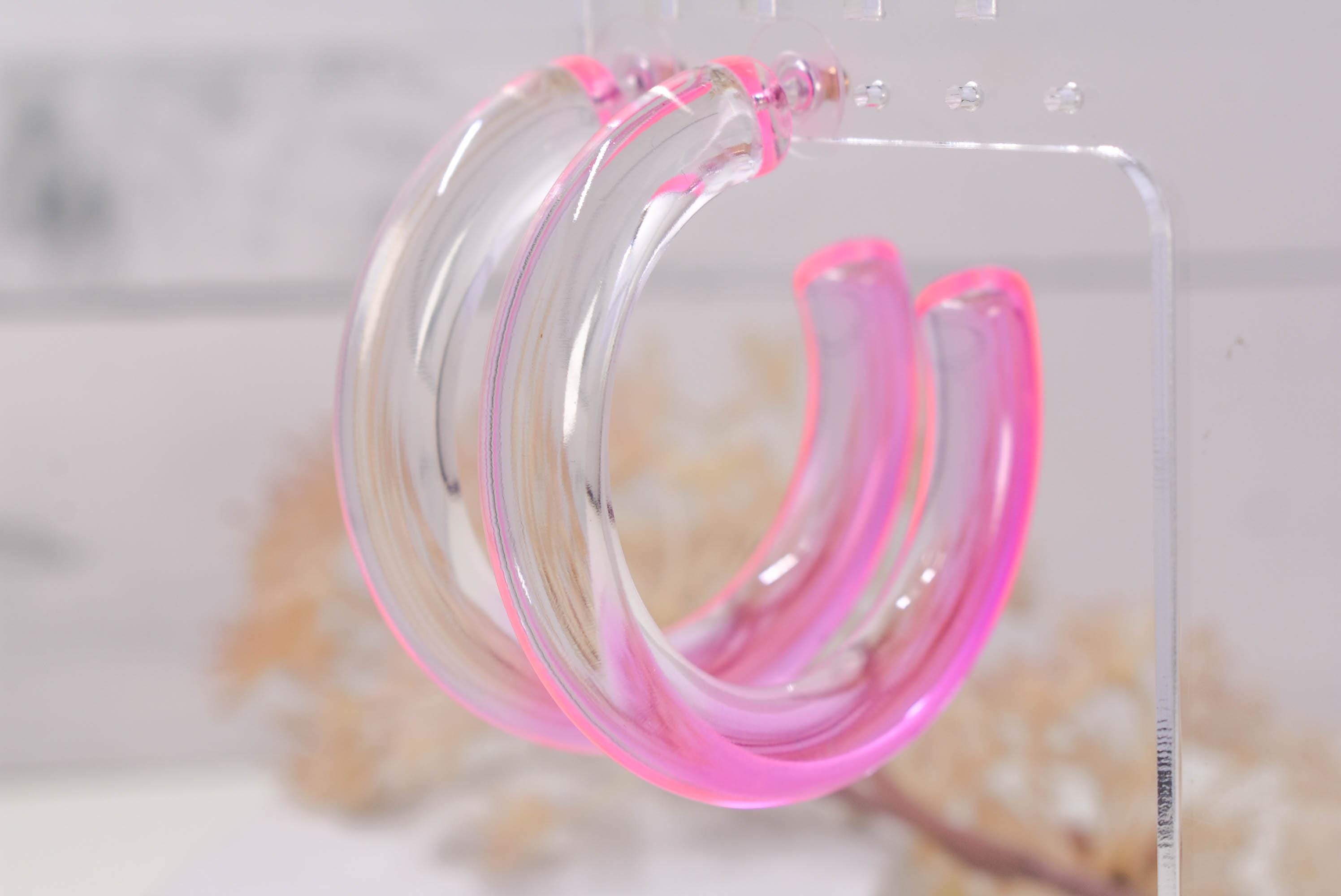 Translucent Gradient Clear Pink Retro Statement Chunky Lucite Ombre Hoop Earrings