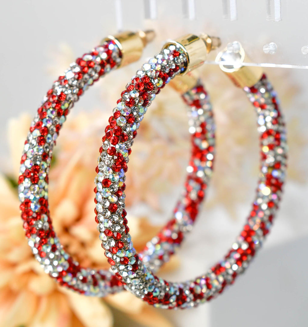 2.5" Ladies Bohemian Multi Tone Red  Clear Rhinestone Sparkle Wrap Pave Open Hoop Earrings Stone Accent Women Party Night Out Bling
