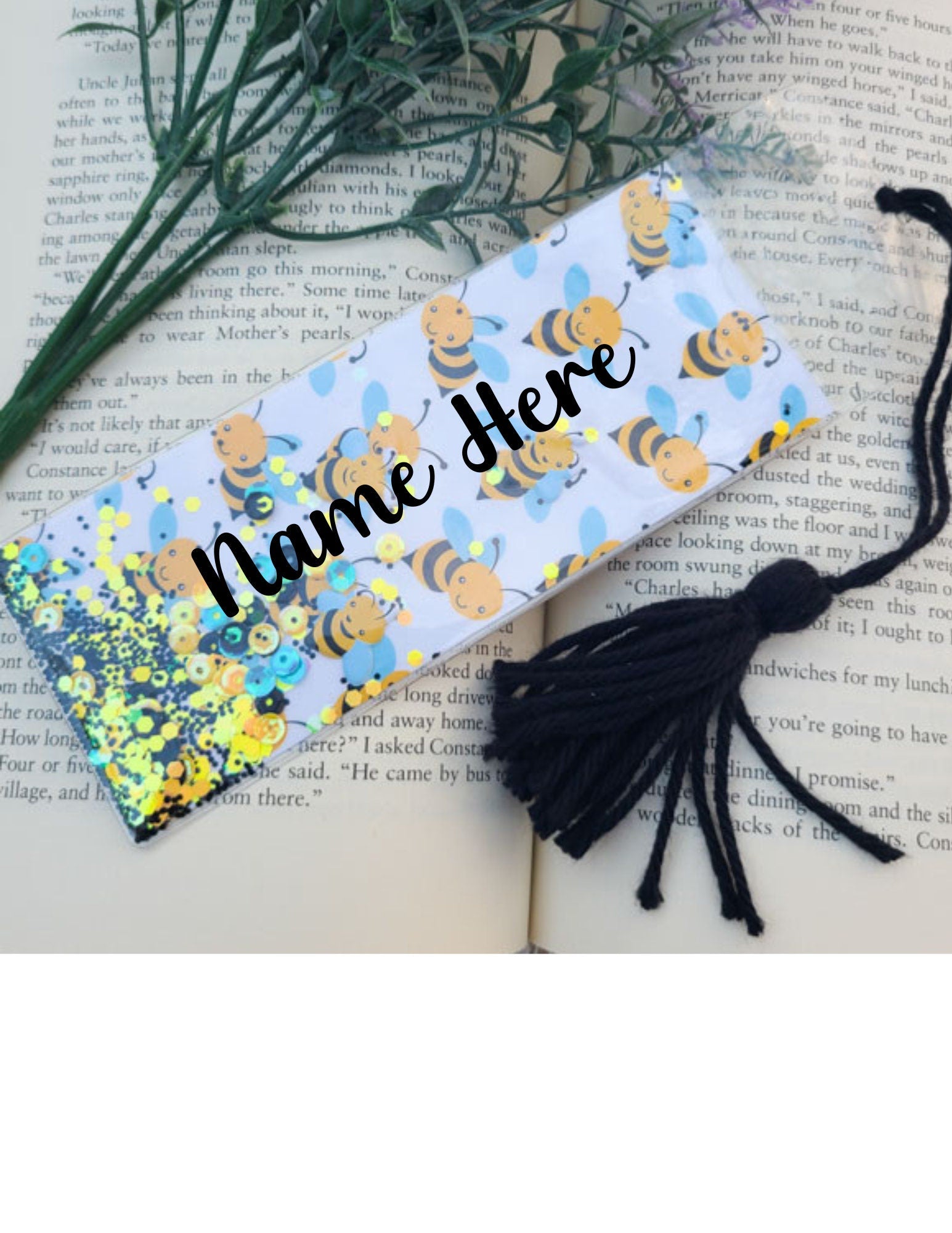 Cute Bumble Bee Theme Pattern Glitter & Sequin Shaker Double Sided Bookmark  Book Lovers Stocking Stuffer Gifts Kids Spring