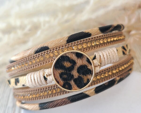 Faux Fur Cheetah Print & Rhinestone Cuff Bangle Magnetic Bracelet Statement Bling Fashion Pageant Night Out Wedding