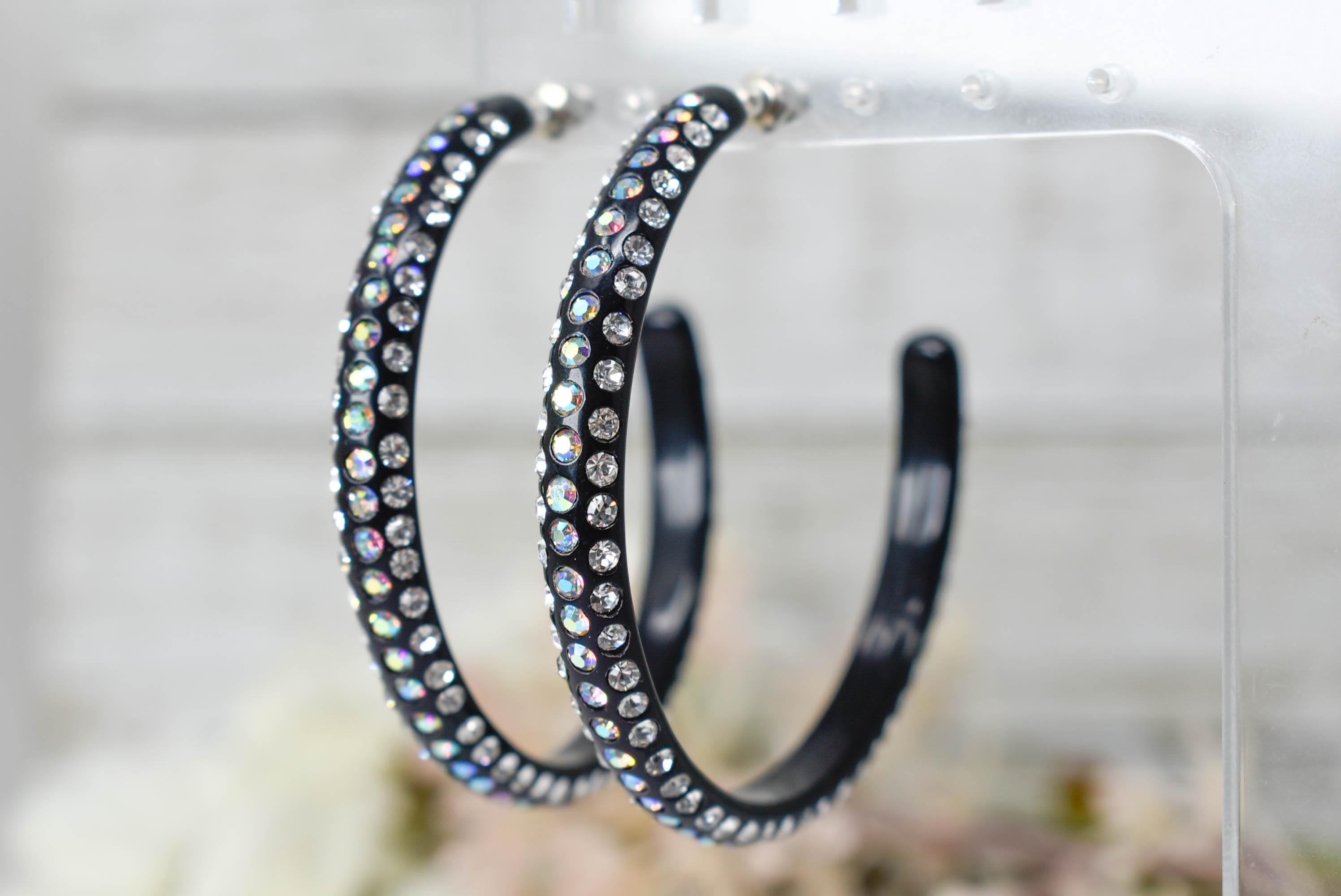Black 3 Row Bling Statement Acrylic Lucite AB Iridescent Rhinestones 2.25" Women's Hoop Earrings Pageant Weddings Night Out Diva Pageant