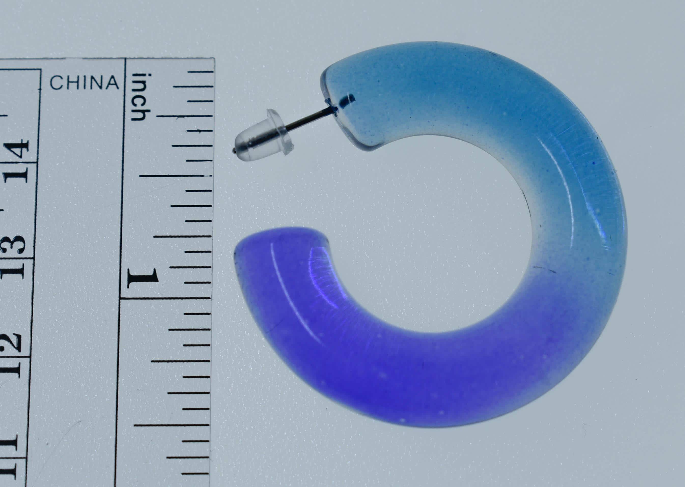 Translucent Gradient Blue Retro Boho Semi Chunky Lucite Ombre Jelly 1.5" Hoop Earrings