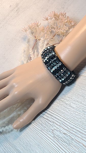 Black Stretch Segmented Bracelet with Smoke Gray, Hematite, Black and Clear Rhinestones Women's Fashion Statement Jewelry Pageant Night Out
