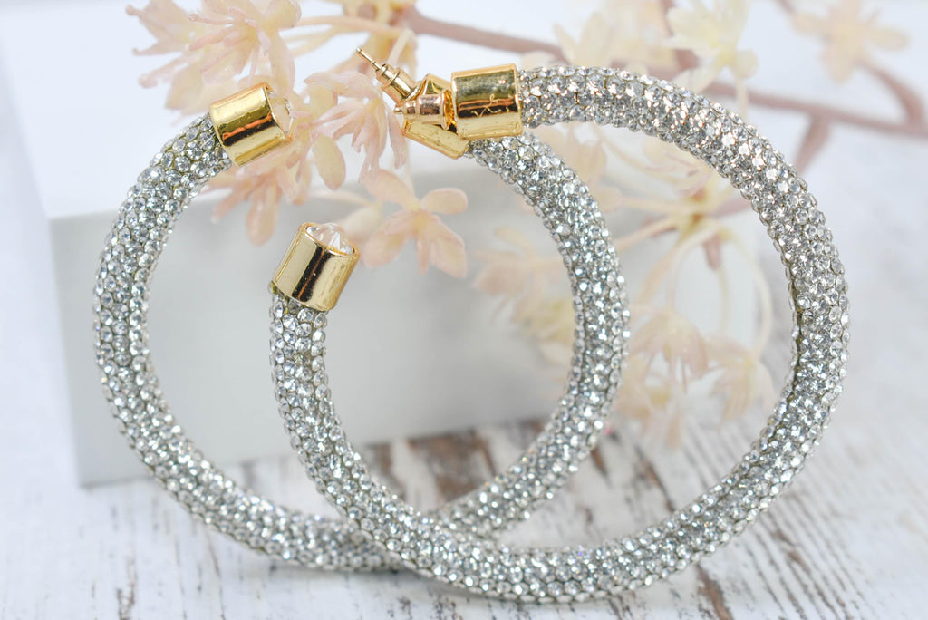 2.5" Ladies Bohemian Clear Rhinestone Sparkle Wrap Pave Open Hoop Earrings Stone Accent Women Party Night Out