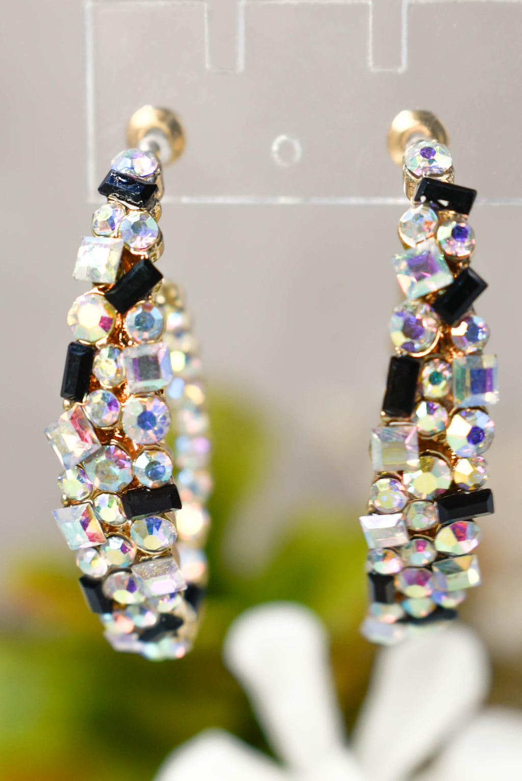 Bling Diva Semi Oblong Gold Tone AB Iridescent, Clear and Black Rhinestone Embellished Hoop Earrings Fashion Accessory Pageant Jewelry