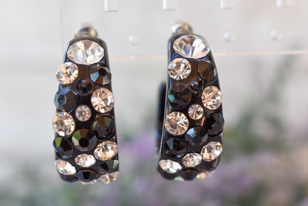 Black Bling Statement Semi Wide Lucite Black/Clear Diagonal Rhinestones 1" Women's Hoop Earrings Pageant Weddings Night Out Diva Pageant